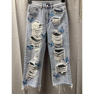 Shein Women's Blue Ripped Butterflies Cropped Jeans Size XS (26 x 21) SKU 4596